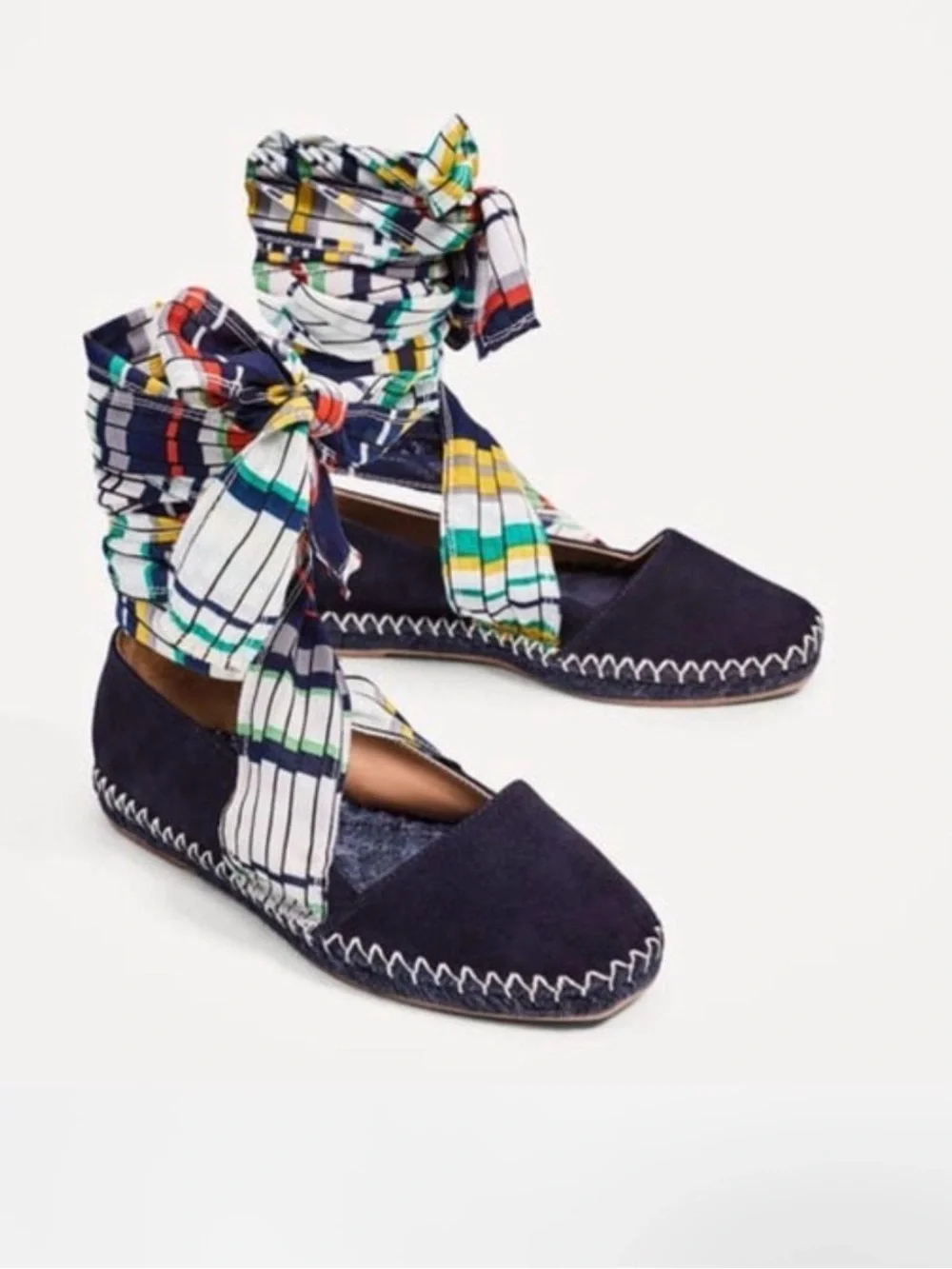 Zara Women's Navy Espadrille Wrap Flats with Multicolor Scarf Ties New Size 36